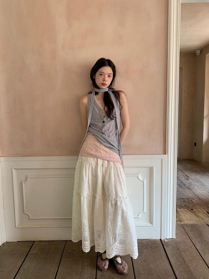 Dorydory Embroidered Wave Hem White Skirt Elegant Floral Lace A Line Midi