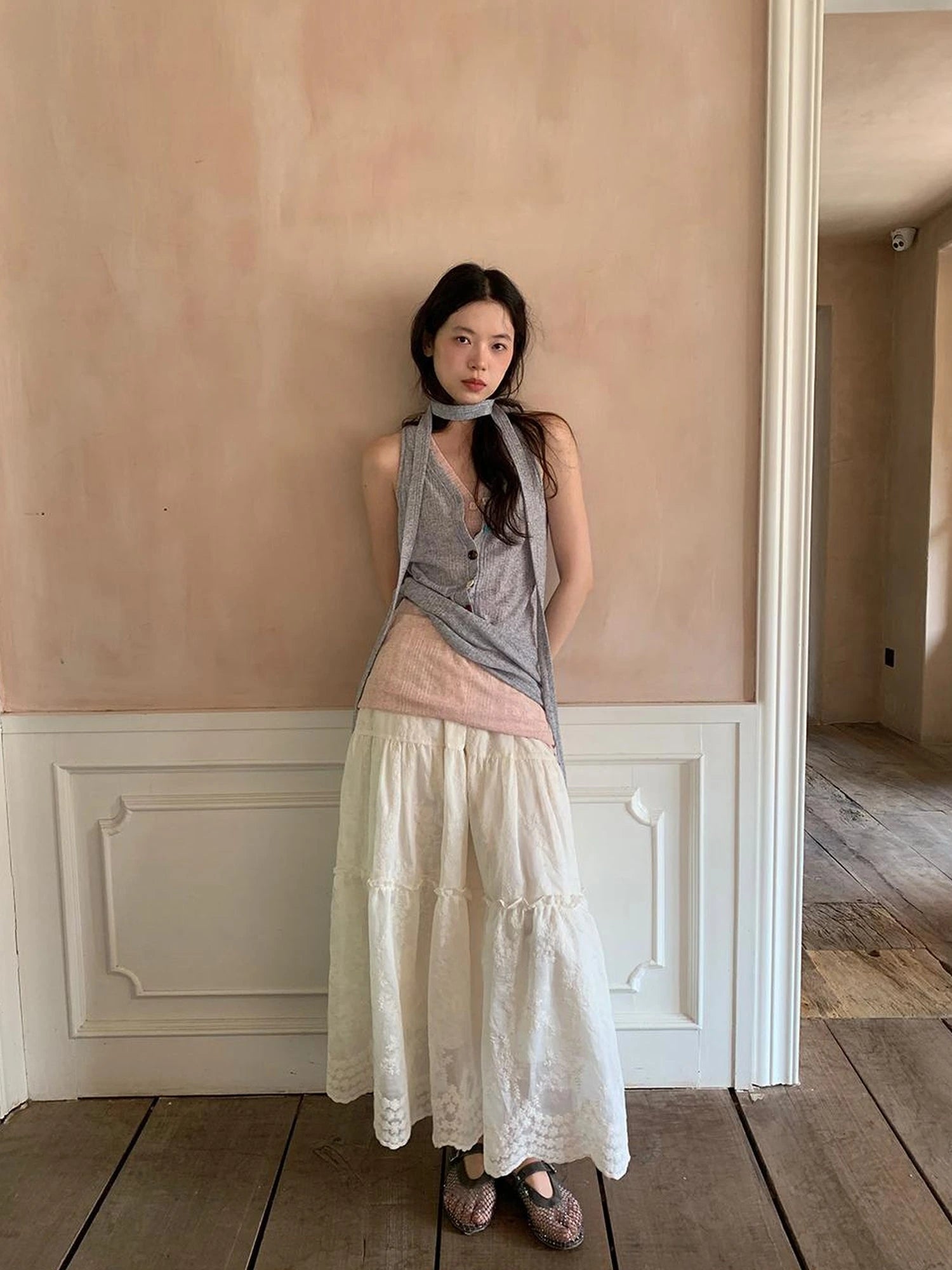 Embroidered Wave Hem White Skirt Elegant Floral Lace A Line Midi