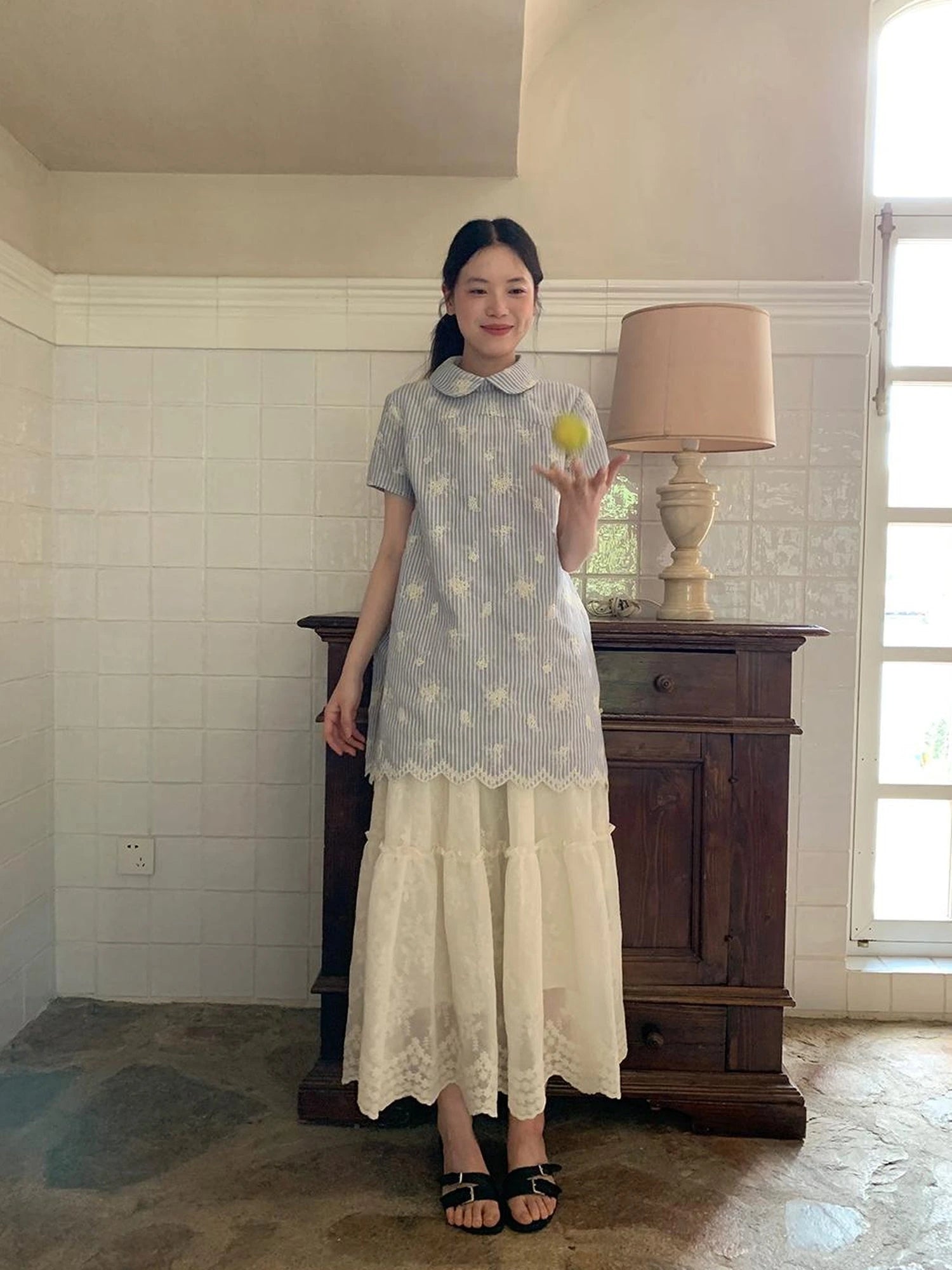 Embroidered Wave Hem White Skirt Elegant Floral Lace A Line Midi