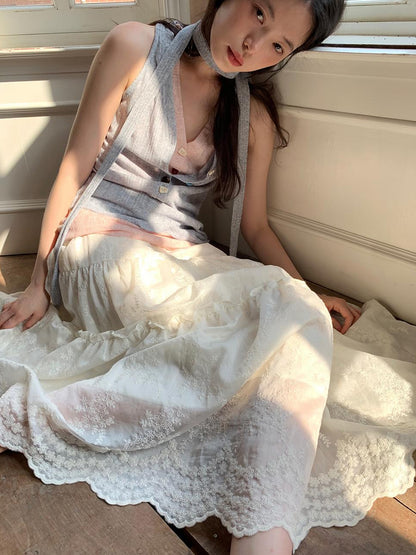 Dorydory Embroidered Wave Hem White Skirt Elegant Floral Lace A Line Midi