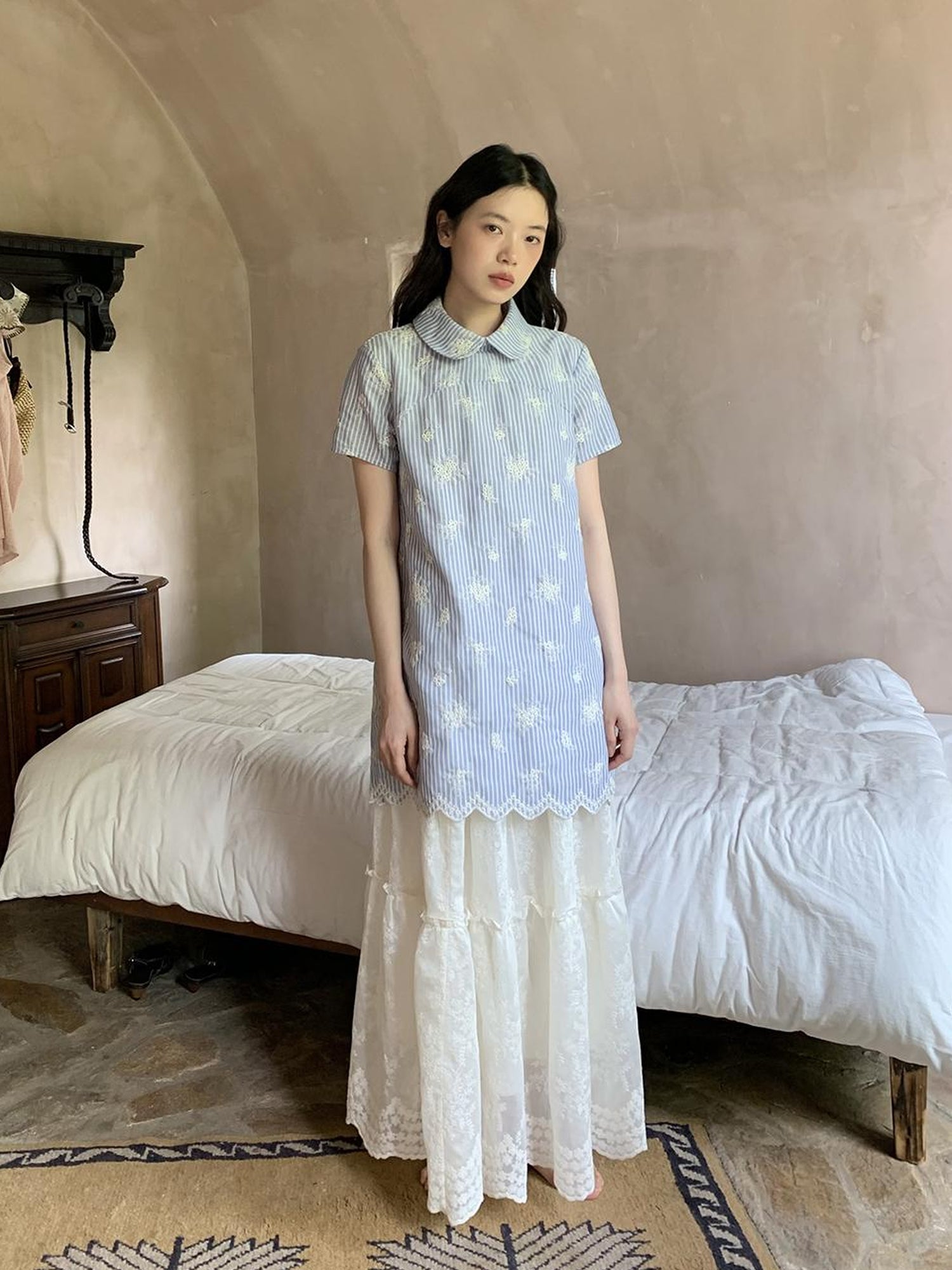 Dorydory Embroidered Wave Hem White Skirt Elegant Floral Lace A Line Midi