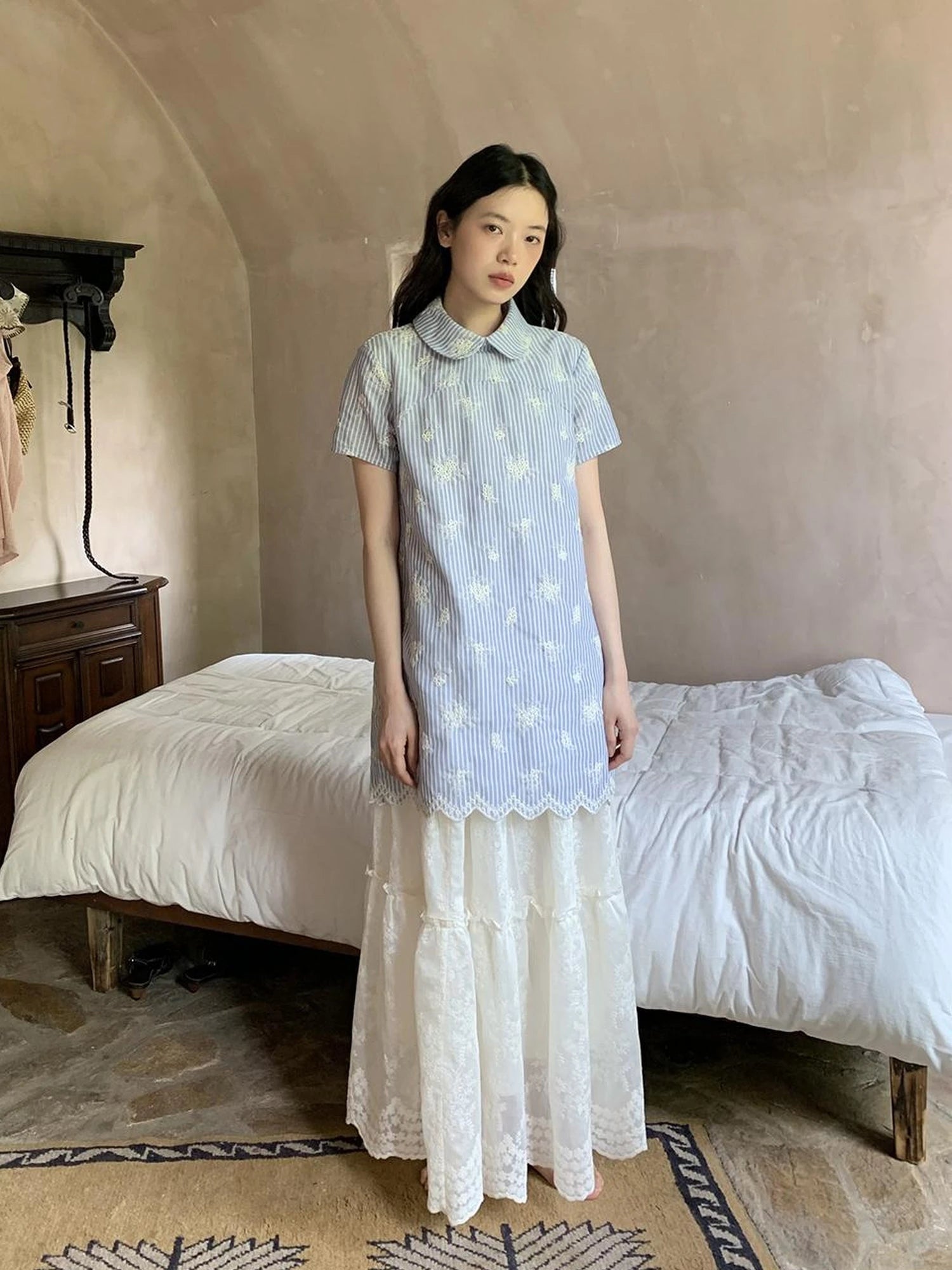 Embroidered Wave Hem White Skirt Elegant Floral Lace A Line Midi