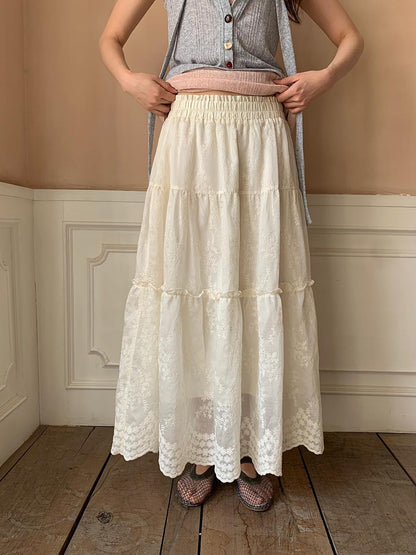 Dorydory Embroidered Wave Hem White Skirt Elegant Floral Lace A Line Midi