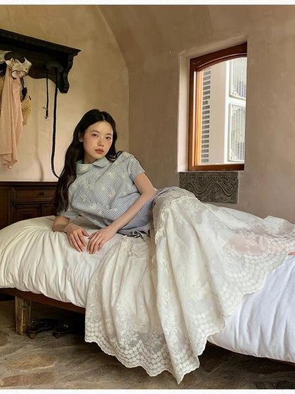 Embroidered Wave Hem White Skirt Elegant Floral Lace A Line Midi