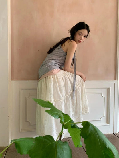 Embroidered Wave Hem White Skirt Elegant Floral Lace A Line Midi