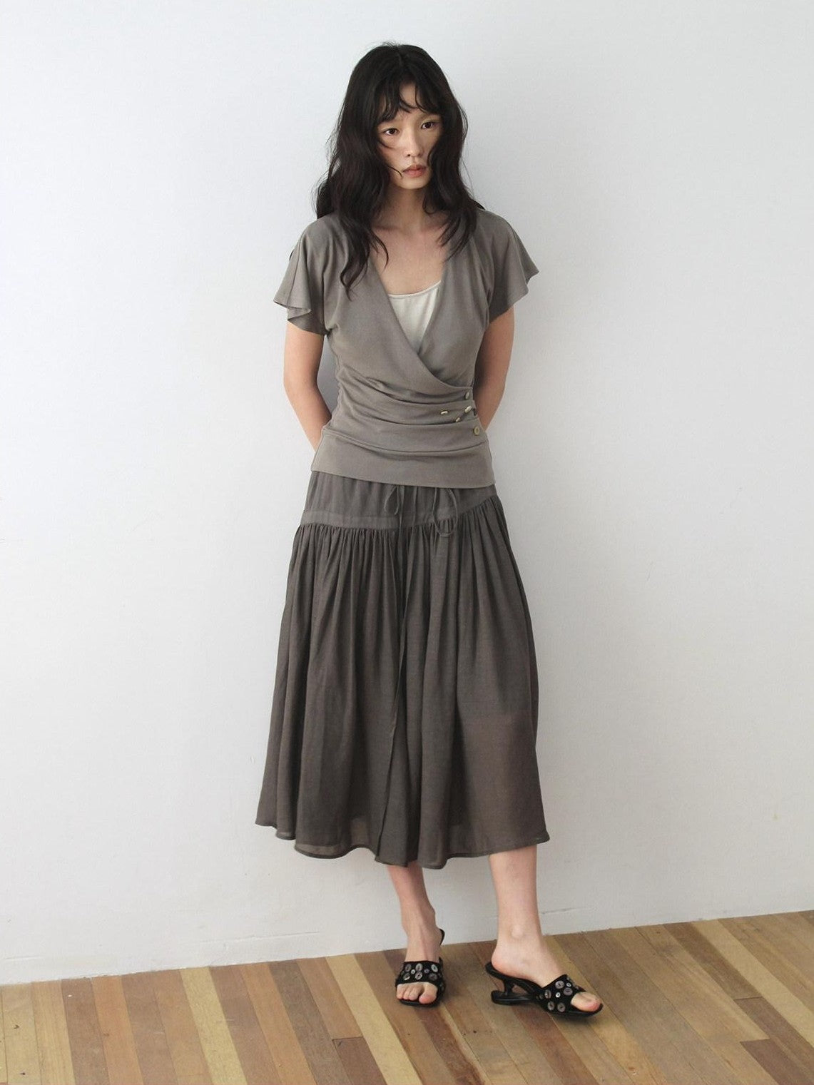 Dorydory Faux Layered Raw Edge Flutter Sleeve Women&
