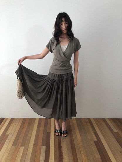 Dorydory Faux Layered Raw Edge Flutter Sleeve Women&