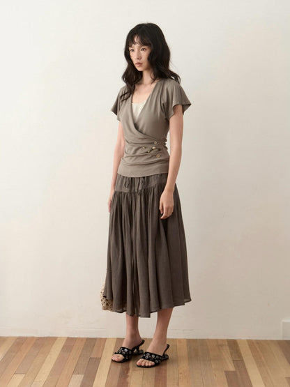 Dorydory Faux Layered Raw Edge Flutter Sleeve Women&