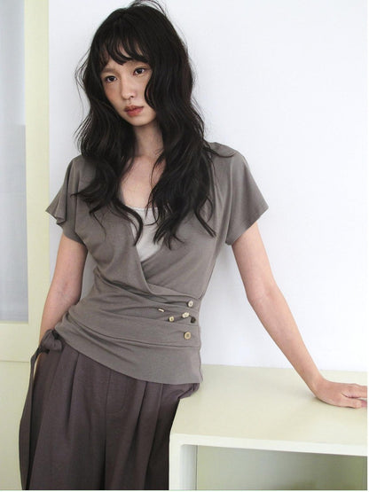 Dorydory Faux Layered Raw Edge Flutter Sleeve Women&
