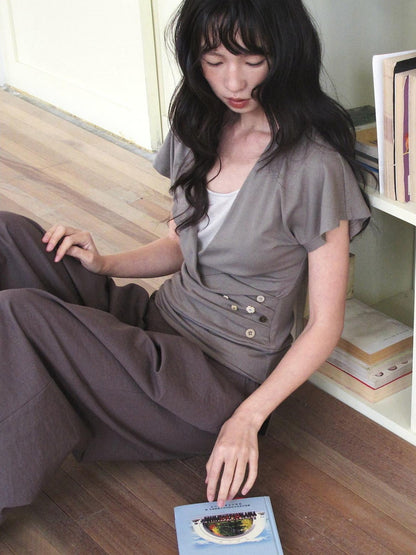 Dorydory Faux Layered Raw Edge Flutter Sleeve Women&