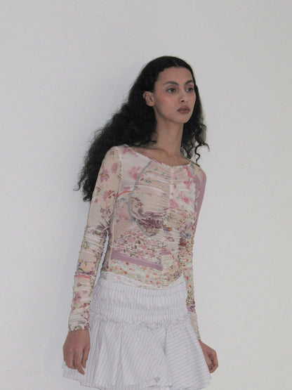 Dorydory Floral Bird Mesh V-neck Printed Women&