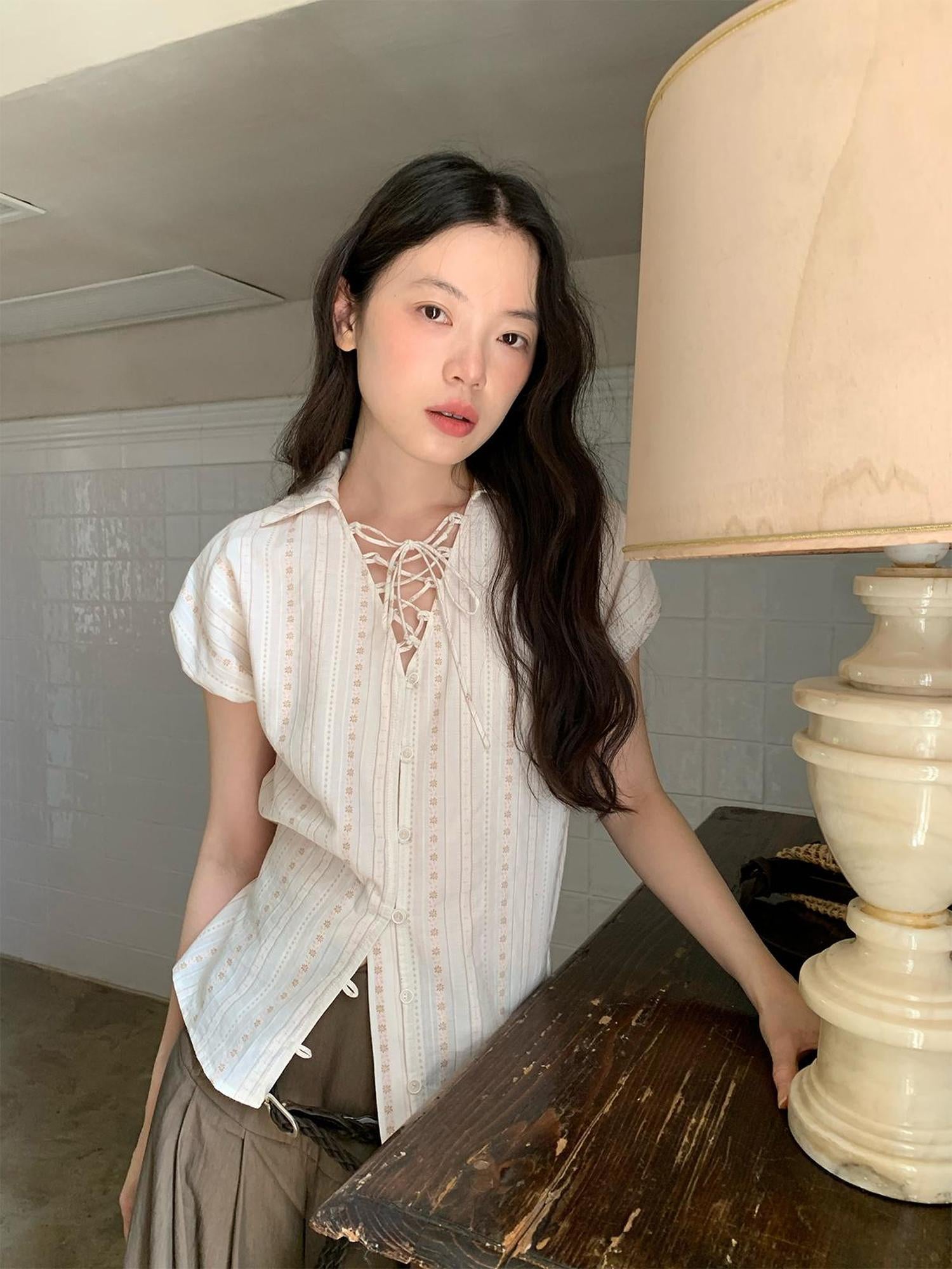 Dorydory Floral Bud Tie Front Jacquard Blouse