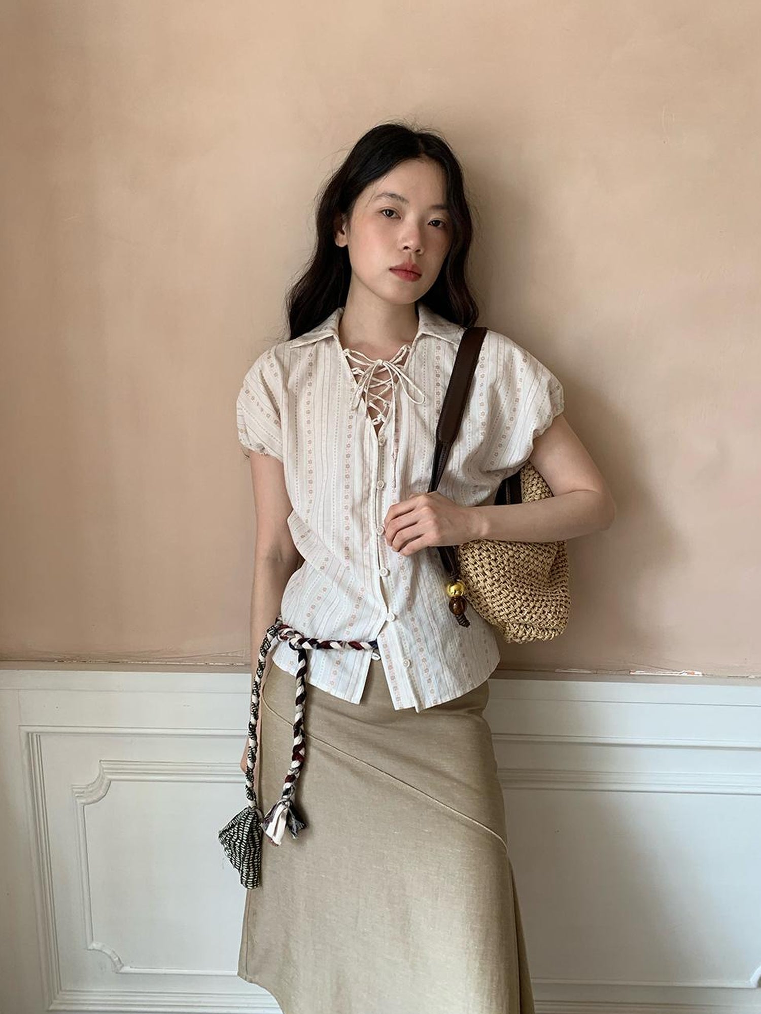 Dorydory Floral Bud Tie Front Jacquard Blouse