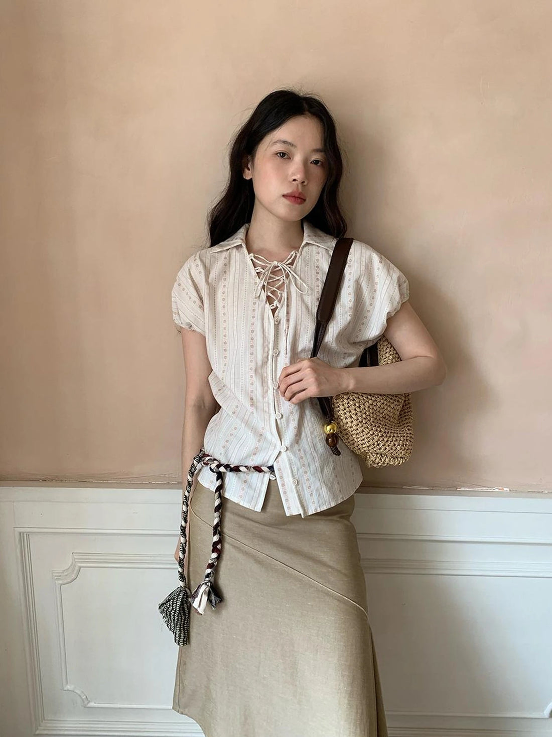 Floral Bud Tie Front Jacquard Blouse