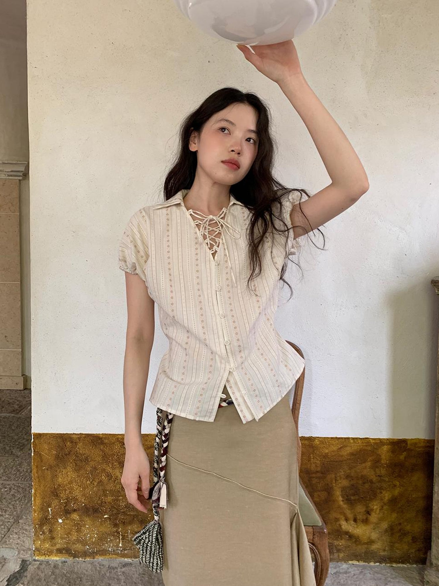 Dorydory Floral Bud Tie Front Jacquard Blouse