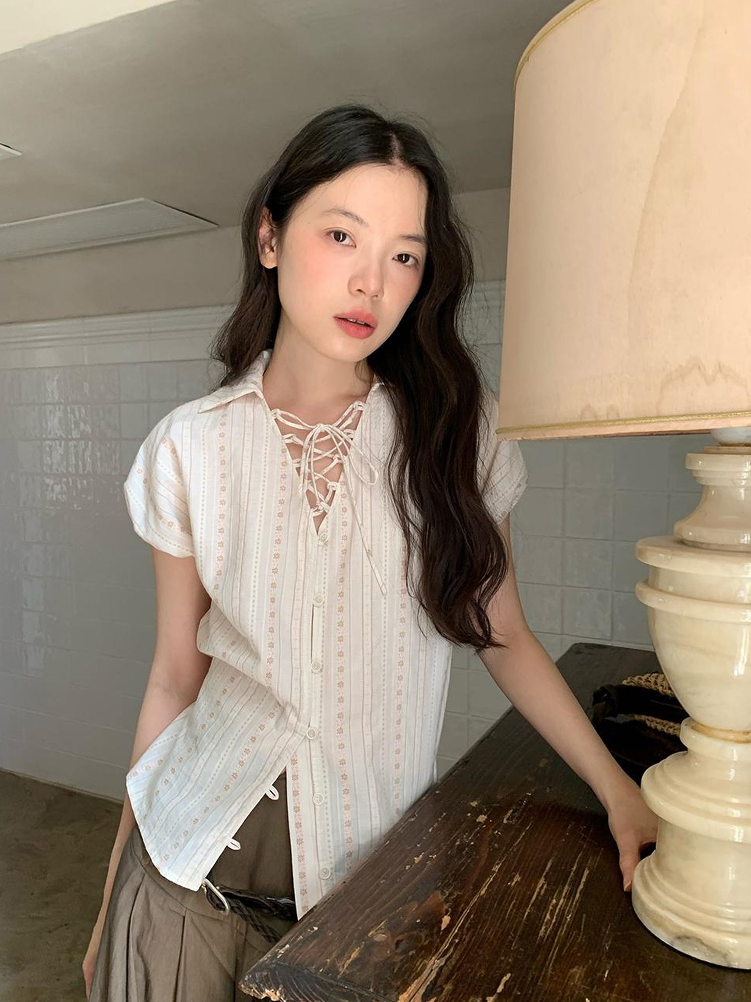 Dorydory Floral Bud Tie Front Jacquard Blouse