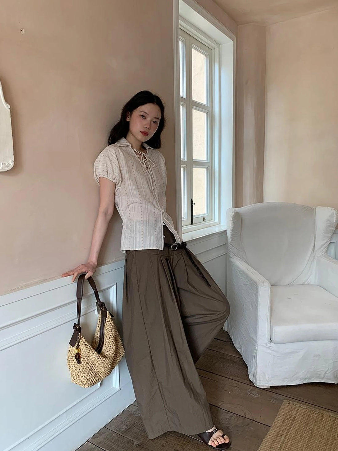 Floral Bud Tie Front Jacquard Blouse