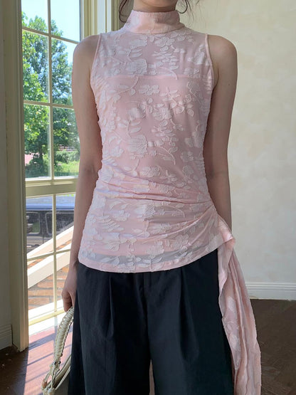 Dorydory Floral Jacquard Ribbon Sleeveless Top