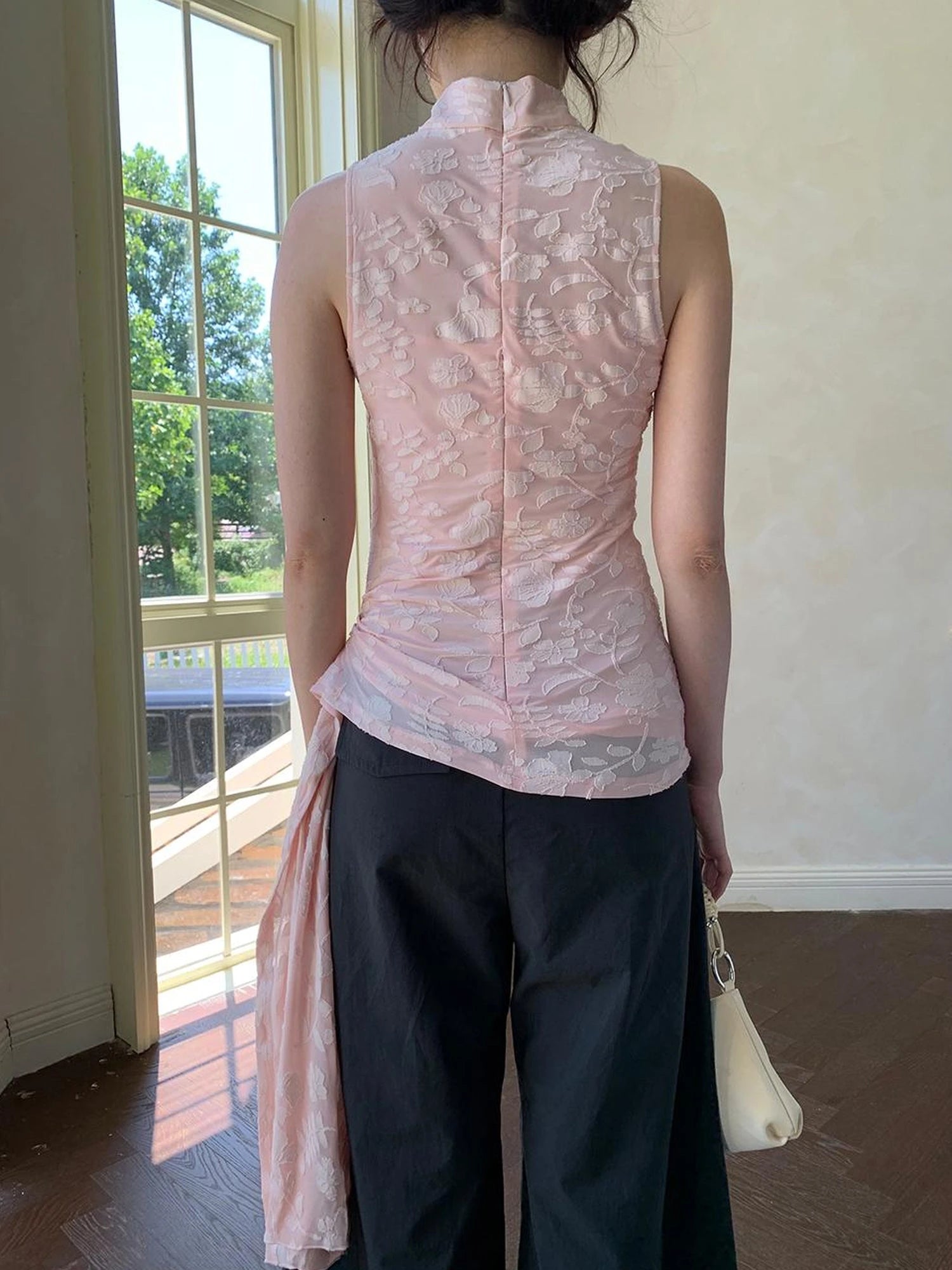 Floral Jacquard Ribbon Sleeveless Top