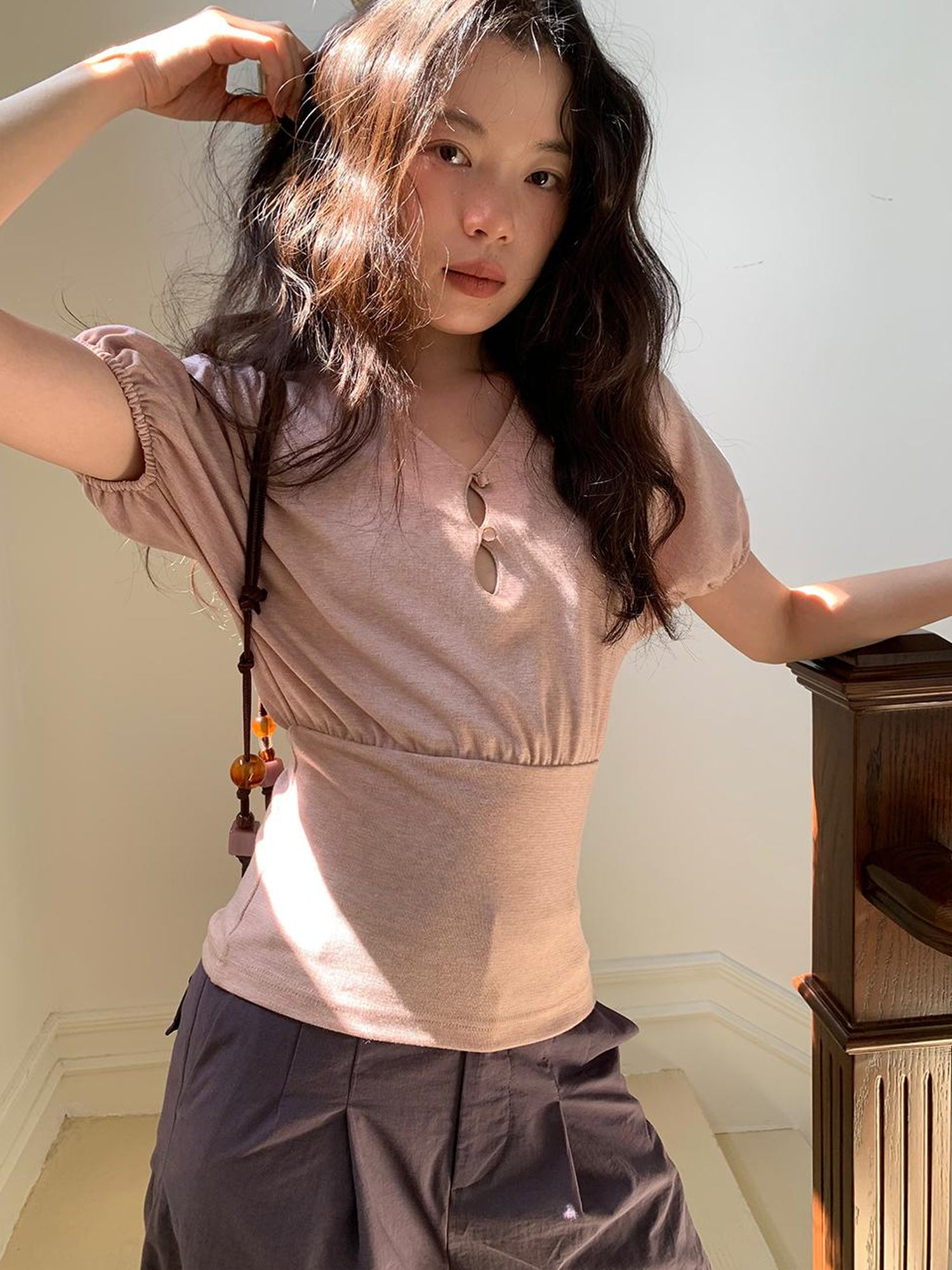 Dorydory Floral Sleeve Sheer V-Neck Cropped Tee