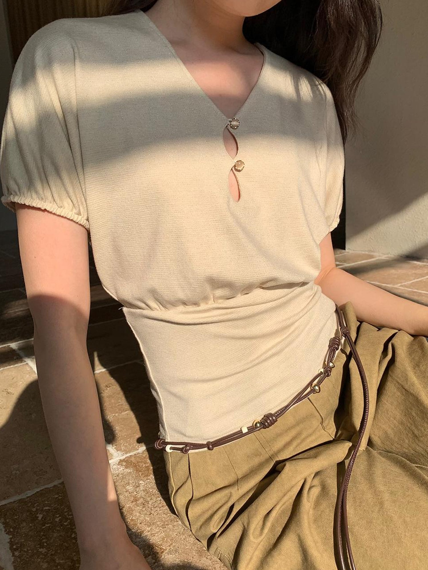 Dorydory Floral Sleeve Sheer V-Neck Cropped Tee