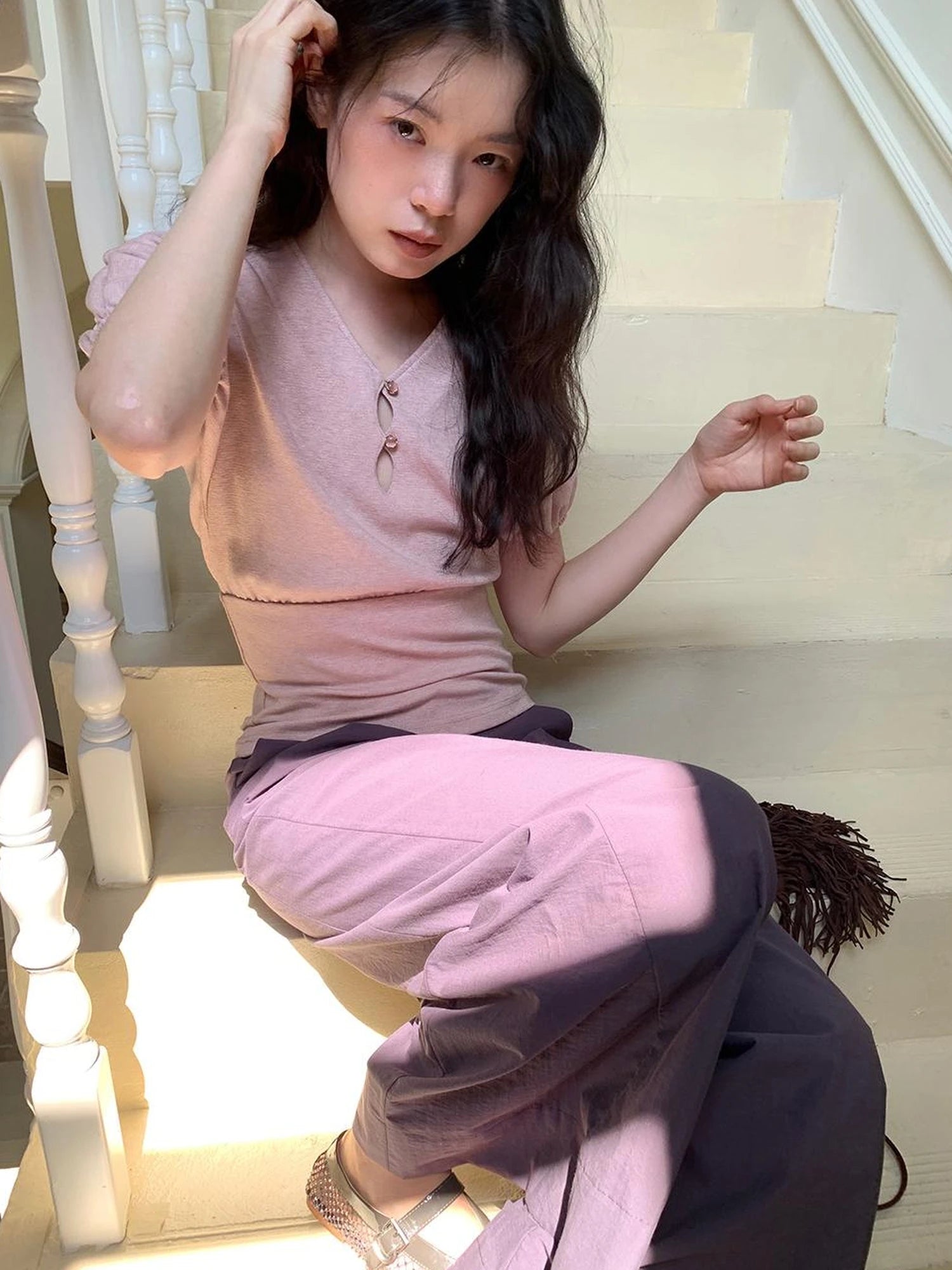 Floral Sleeve Sheer V-Neck Cropped Tee