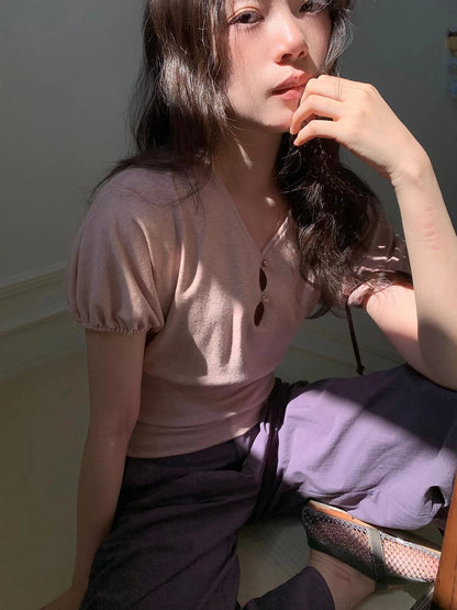 Floral Sleeve Sheer V-Neck Cropped Tee