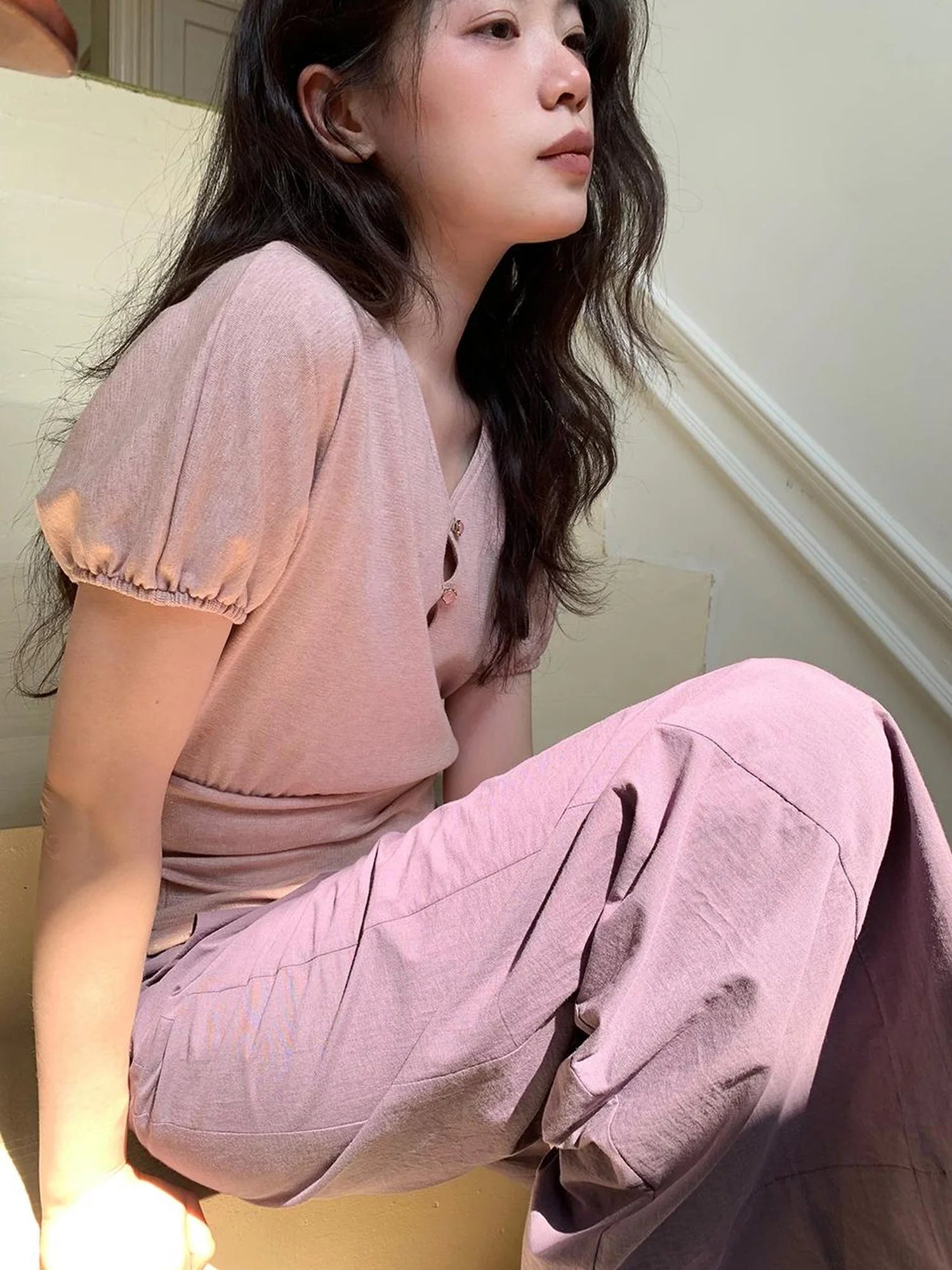 Floral Sleeve Sheer V-Neck Cropped Tee