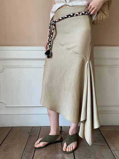 Flowy A Line Skirt With Asymmetric Hem And Linen Blend Fabric