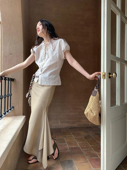 Flowy A Line Skirt With Asymmetric Hem And Linen Blend Fabric