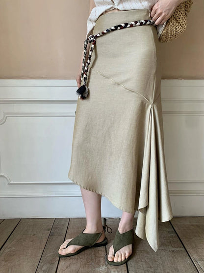 Flowy A Line Skirt With Asymmetric Hem And Linen Blend Fabric