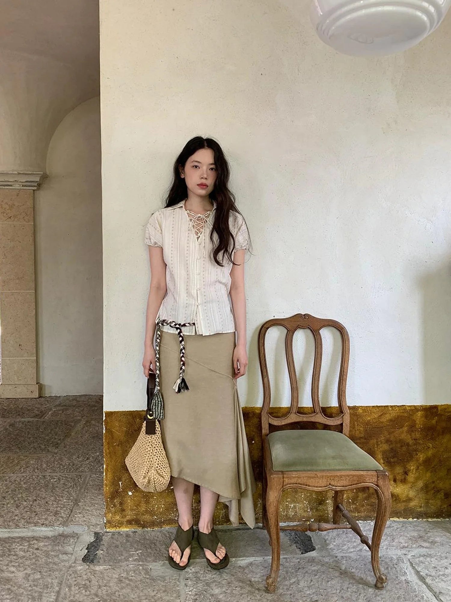 Flowy A Line Skirt With Asymmetric Hem And Linen Blend Fabric