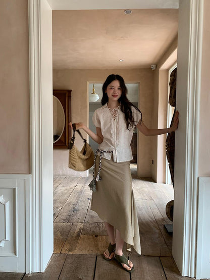 Dorydory Flowy A Line Skirt With Asymmetric Hem And Linen Blend Fabric