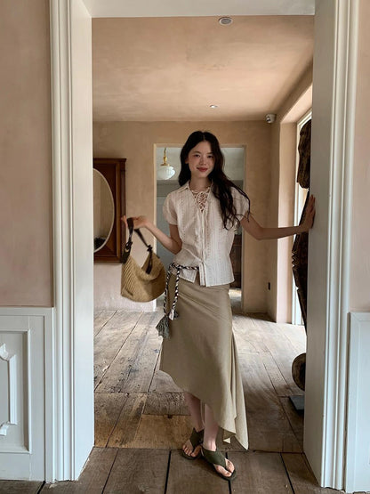 Flowy A Line Skirt With Asymmetric Hem And Linen Blend Fabric