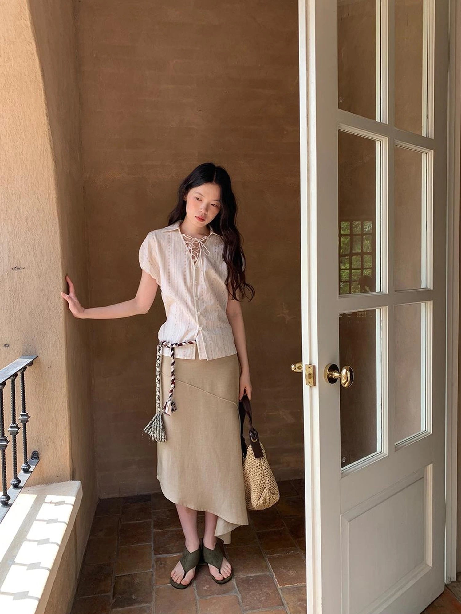 Flowy A Line Skirt With Asymmetric Hem And Linen Blend Fabric