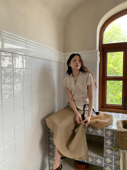 Dorydory Flowy A Line Skirt With Asymmetric Hem And Linen Blend Fabric