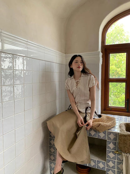 Flowy A Line Skirt With Asymmetric Hem And Linen Blend Fabric