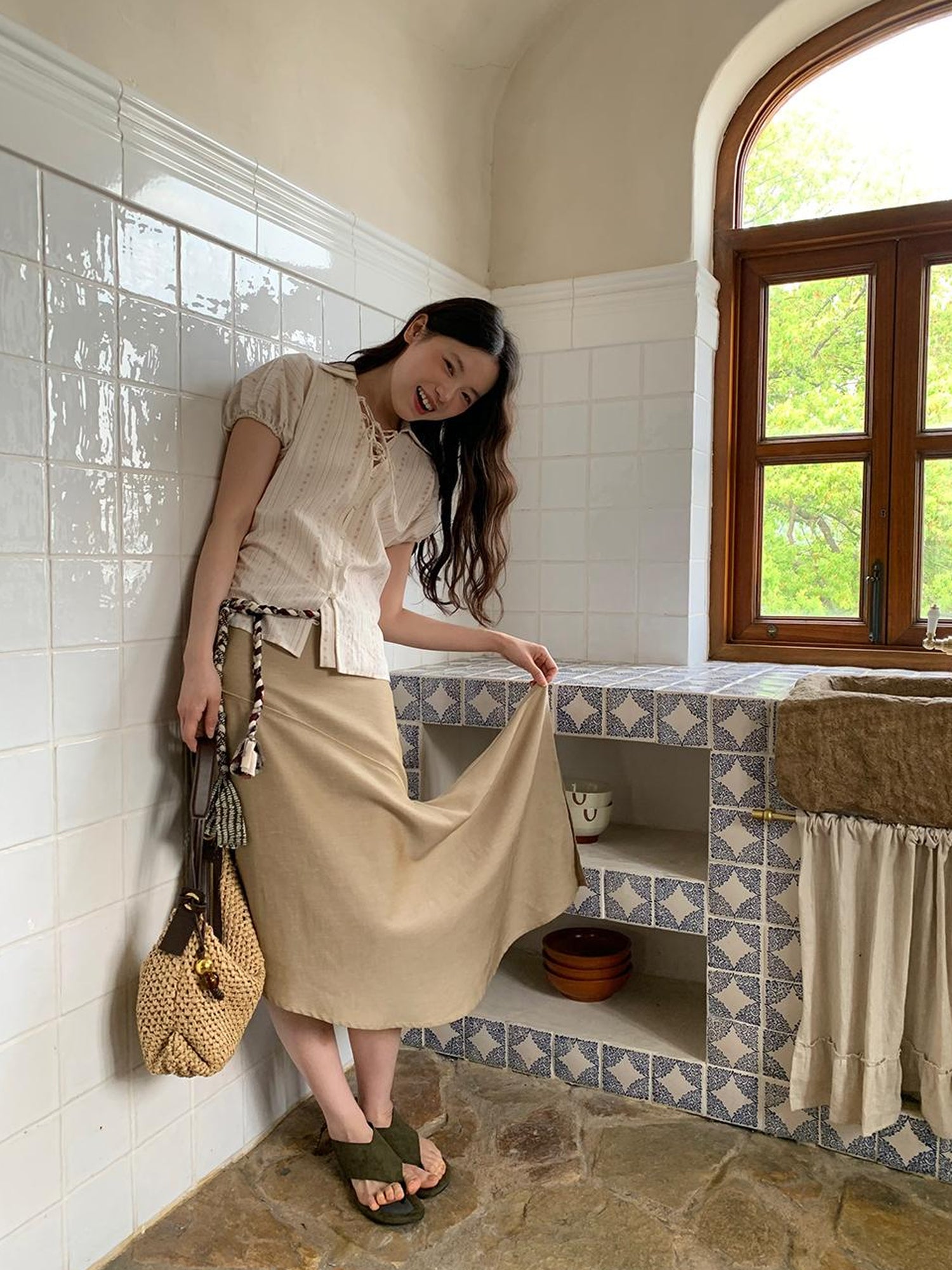 Dorydory Flowy A Line Skirt With Asymmetric Hem And Linen Blend Fabric