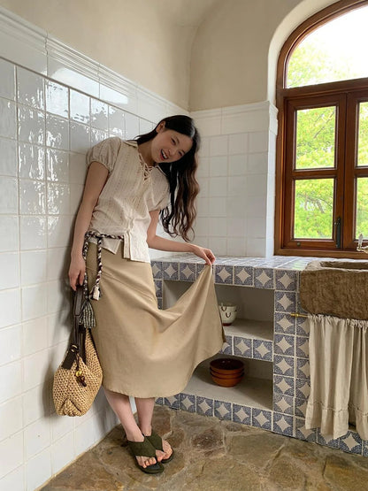 Flowy A Line Skirt With Asymmetric Hem And Linen Blend Fabric