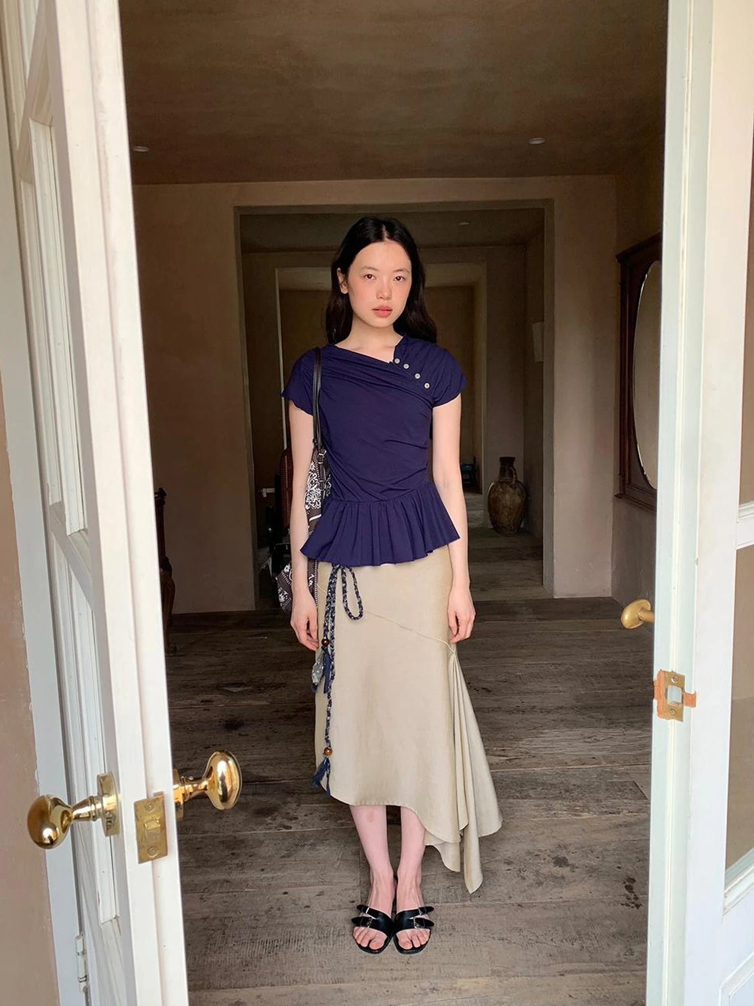 Flowy A Line Skirt With Asymmetric Hem And Linen Blend Fabric