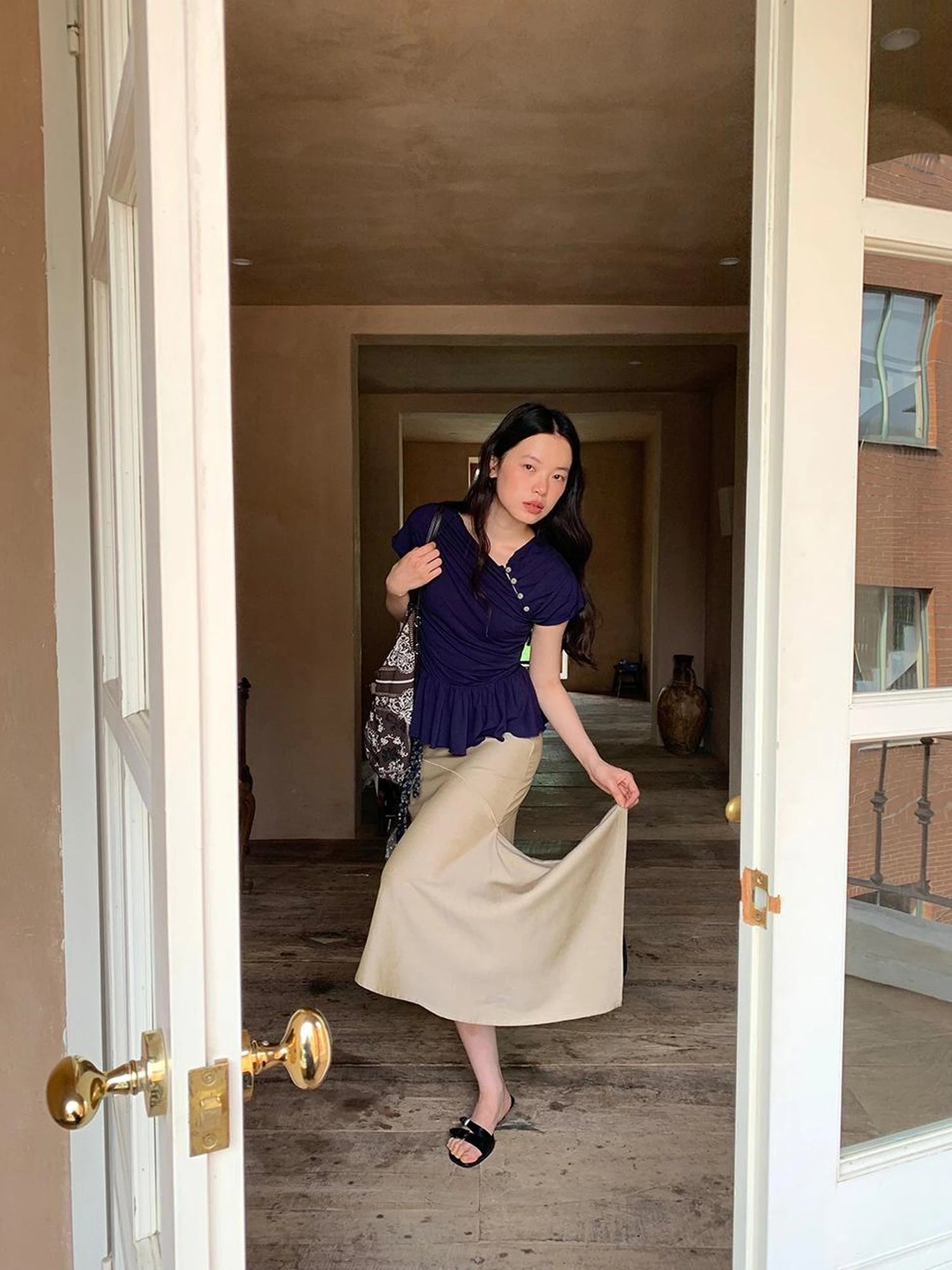 Flowy A Line Skirt With Asymmetric Hem And Linen Blend Fabric