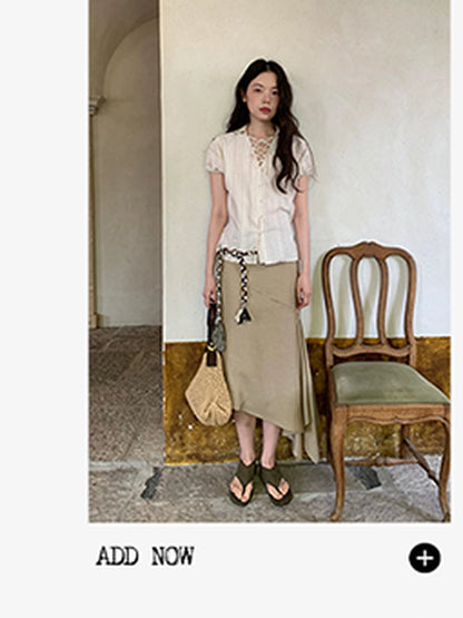 Flowy A Line Skirt With Asymmetric Hem And Linen Blend Fabric