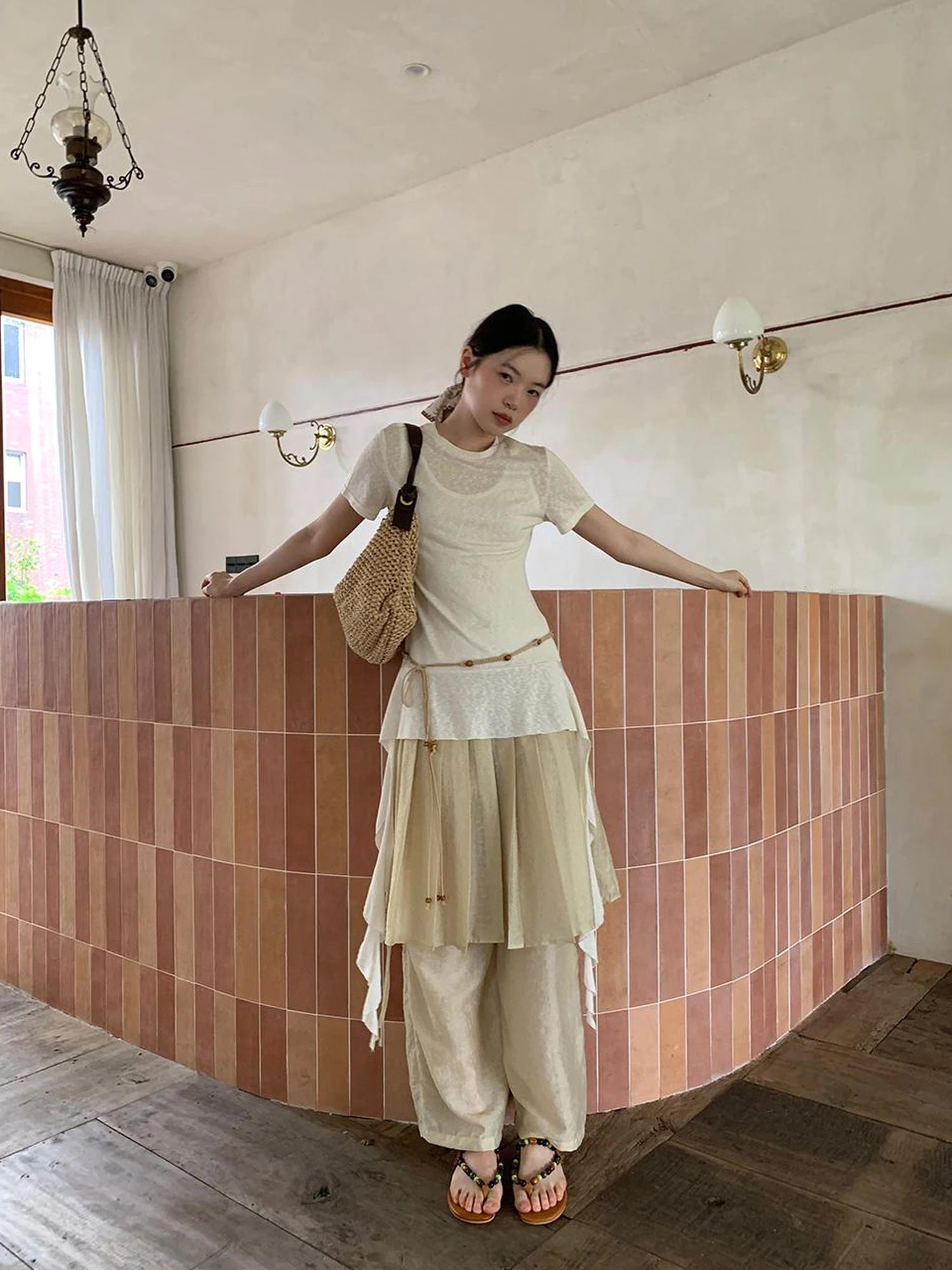 Flowy Ribbon Hem T-shirt with Elastic Waist