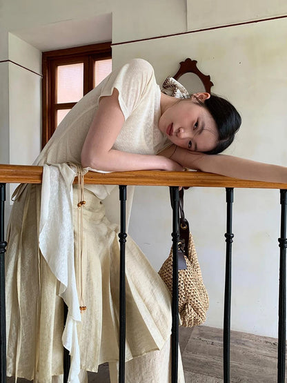 Flowy Ribbon Hem T-shirt with Elastic Waist