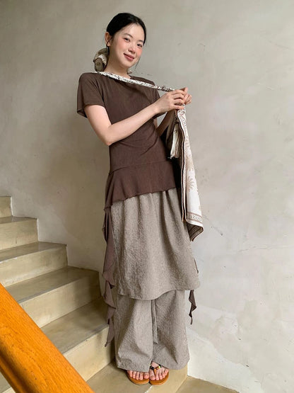 Flowy Ribbon Hem T-shirt with Elastic Waist