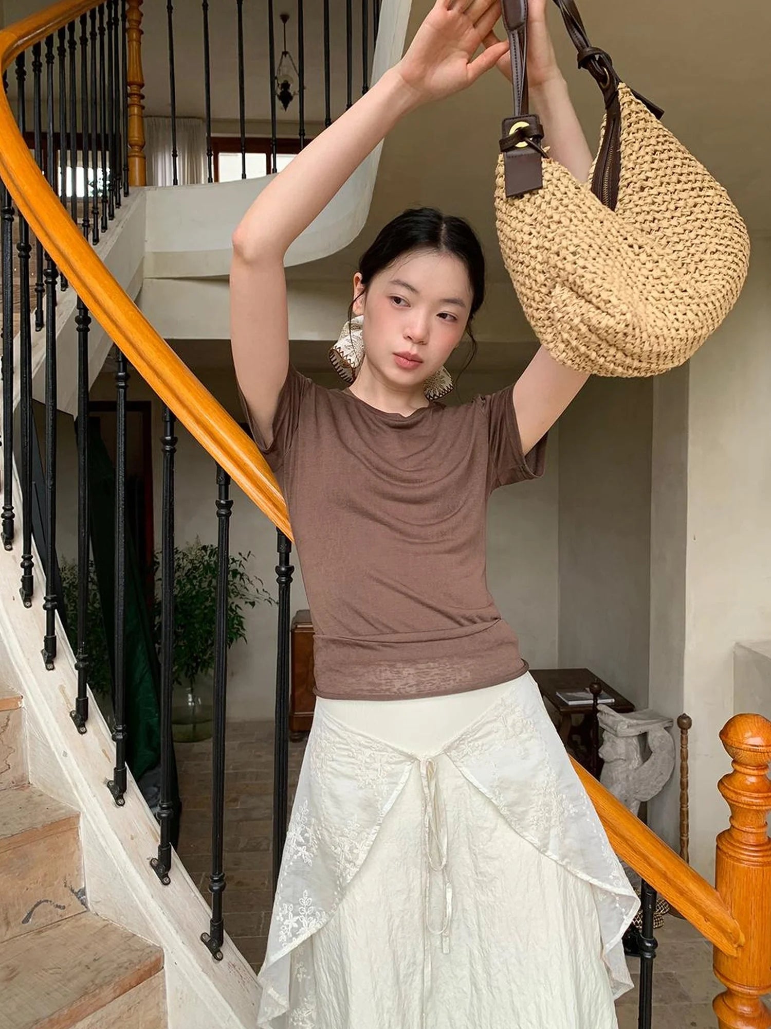 Flowy Ribbon Hem T-shirt with Elastic Waist