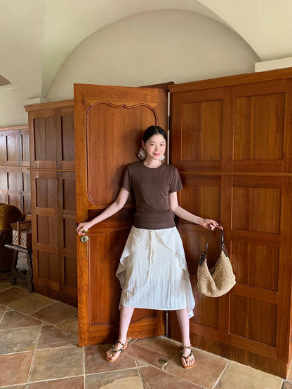 Flowy Ribbon Hem T-shirt with Elastic Waist