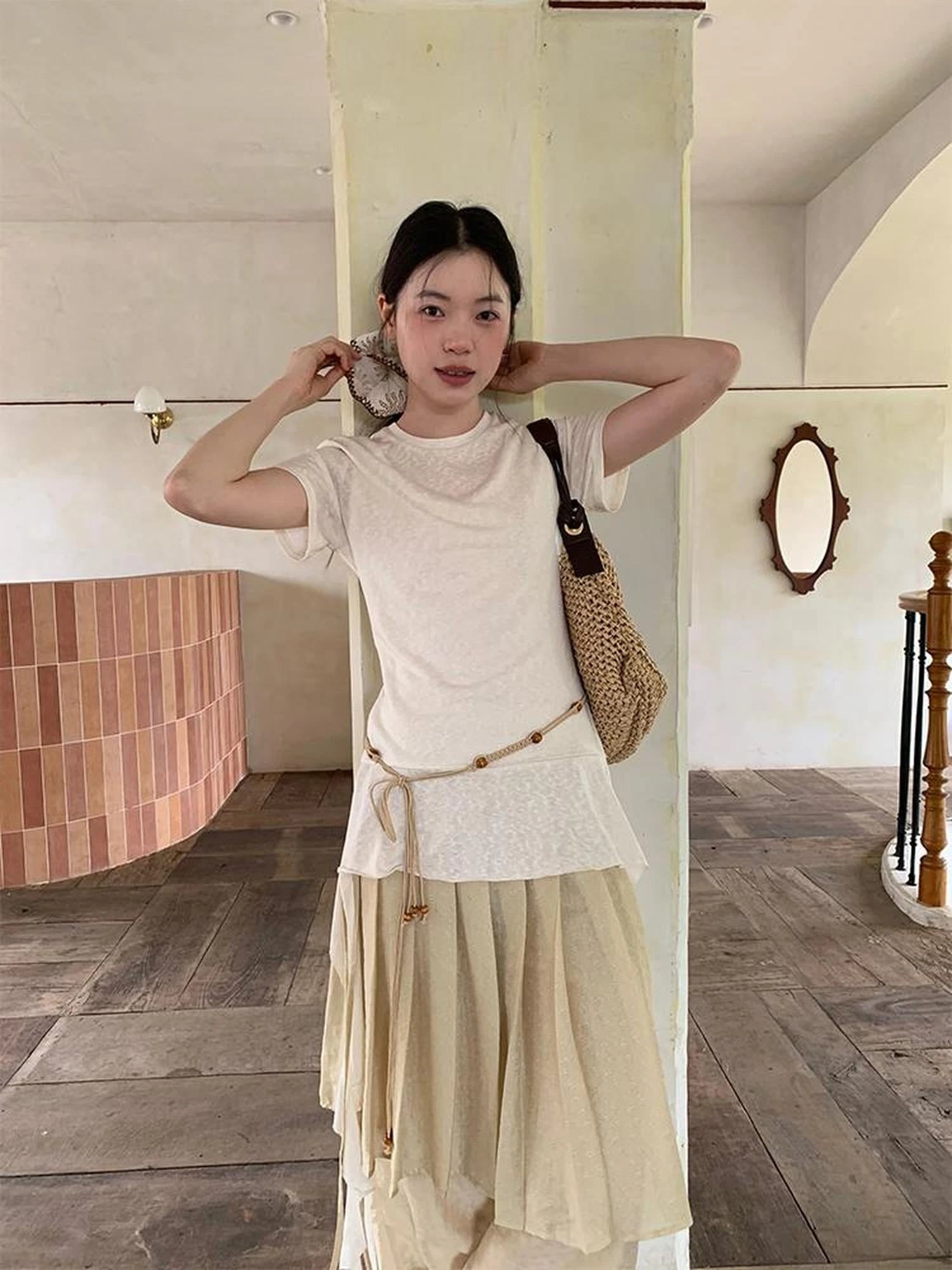 Flowy Ribbon Hem T-shirt with Elastic Waist