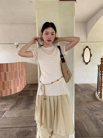 Flowy Ribbon Hem T-shirt with Elastic Waist