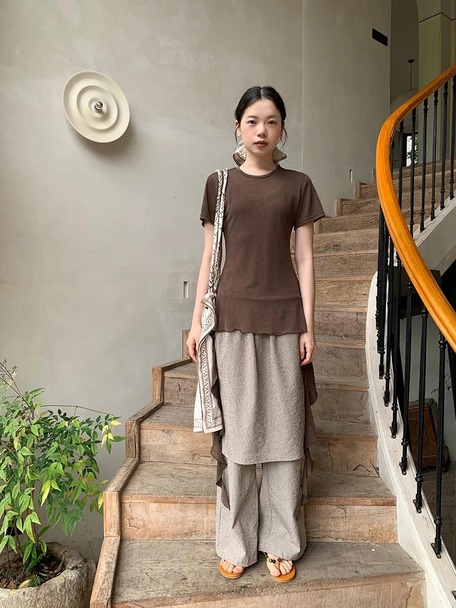 Flowy Ribbon Hem T-shirt with Elastic Waist